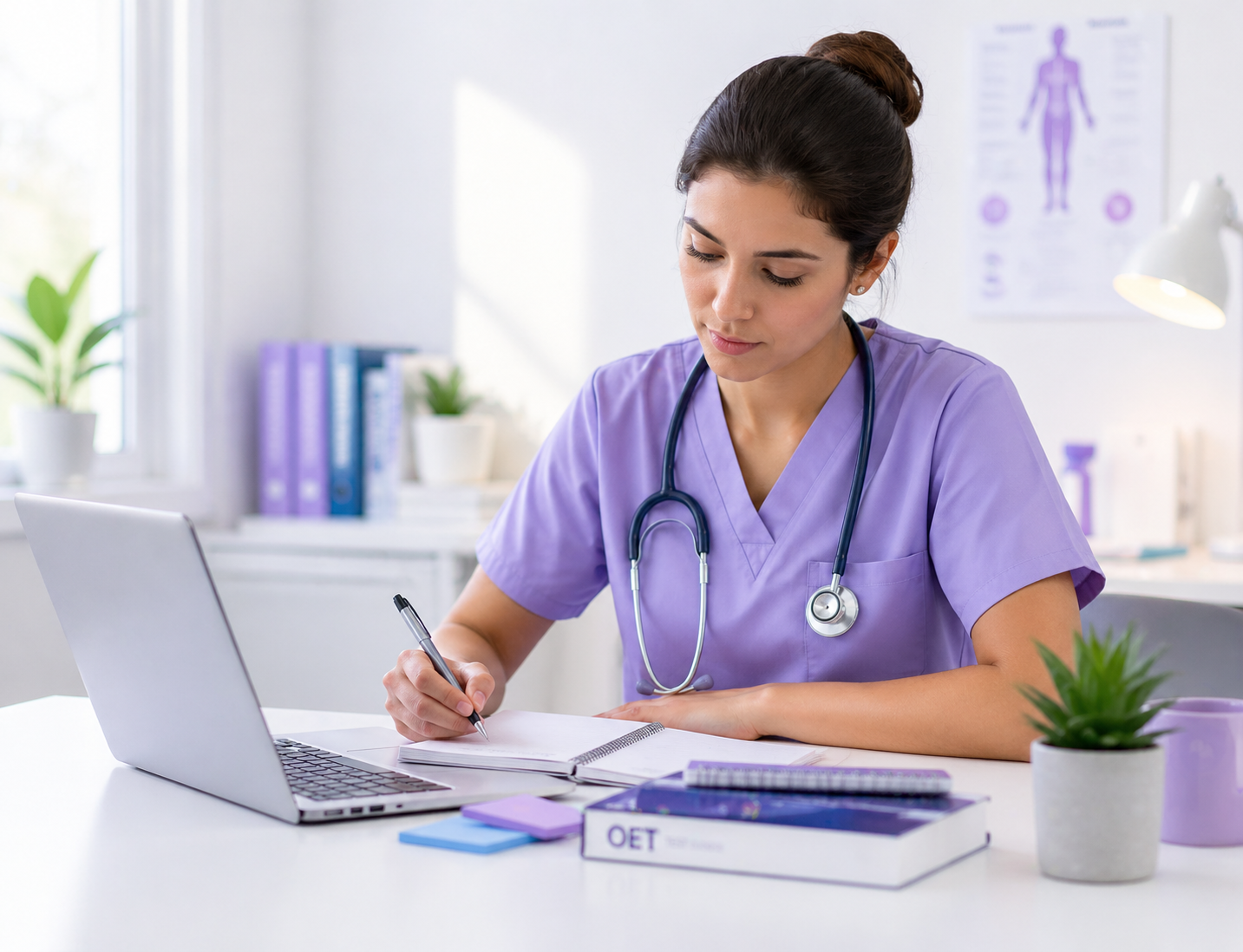 Students discussing OET speaking strategy and UK pathway planning